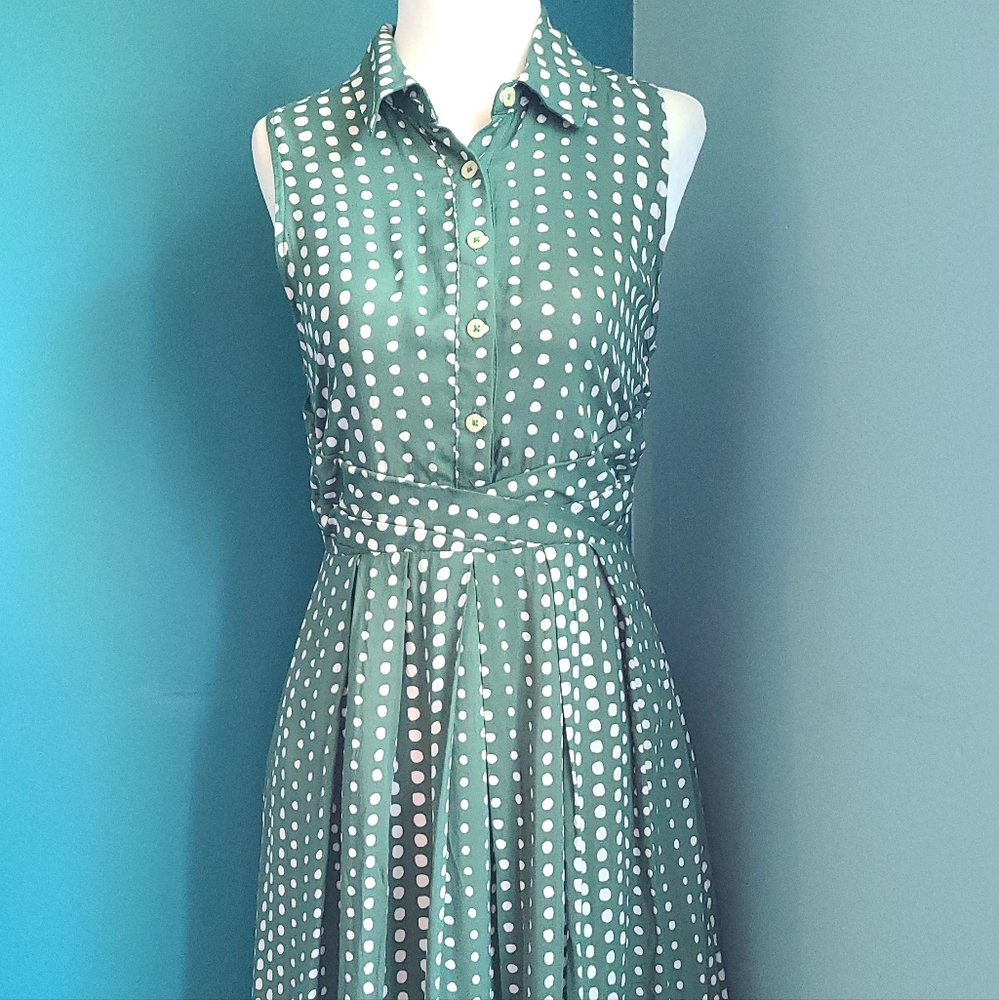 Anthropologie green polka dot retro pinup polka dot dress size xs shirtdress